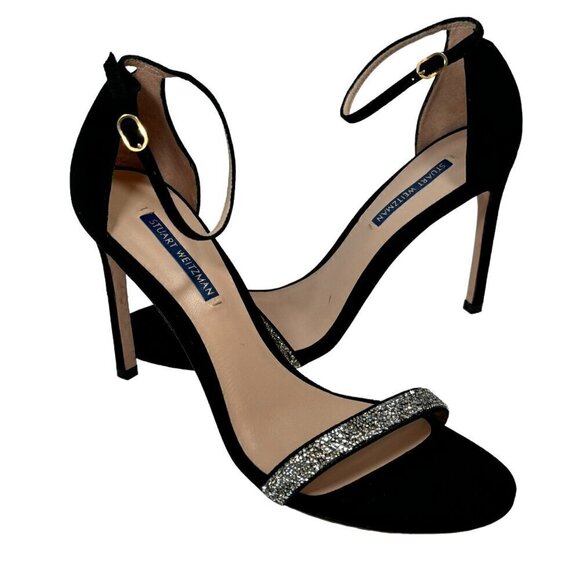 Stuart Weitzman Nudist Nudistsong Black Suede Crystal Embellished Sandal 9.5 NEW - Picture 4 of 9